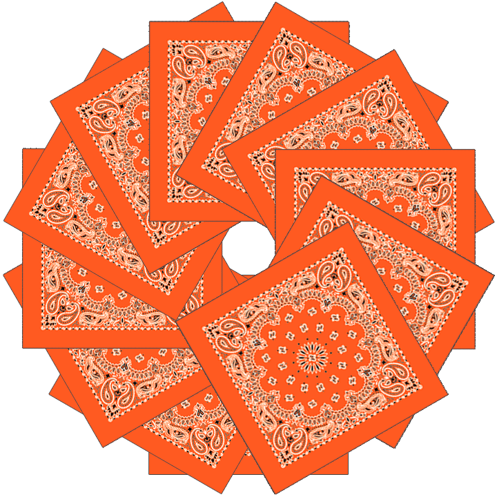 Neon 12-Pack Made In The USA - Neon Paisleys! featuring vibrant neon orange paisley bandanas arranged in a circular pattern.