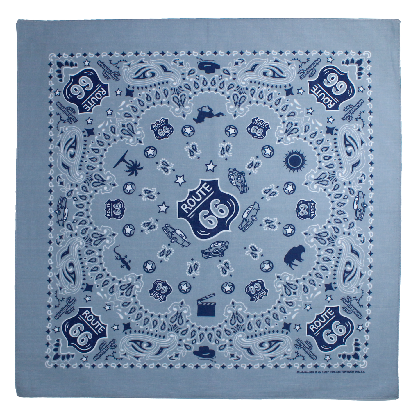 Route 66 4-Pack Made in the USA bandanna, 100% cotton, iconic design, 22x22 inches, showcasing historic Route 66 symbols.
