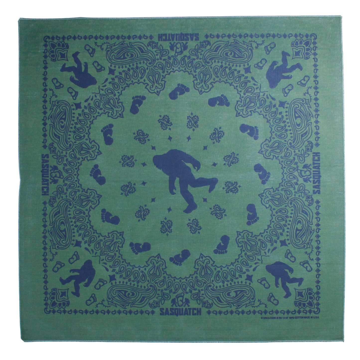 Wildwood Bandanna Assortment 4-Pack - Made In The USA, featuring Sasquatch print on green cotton, 22″ x 22″