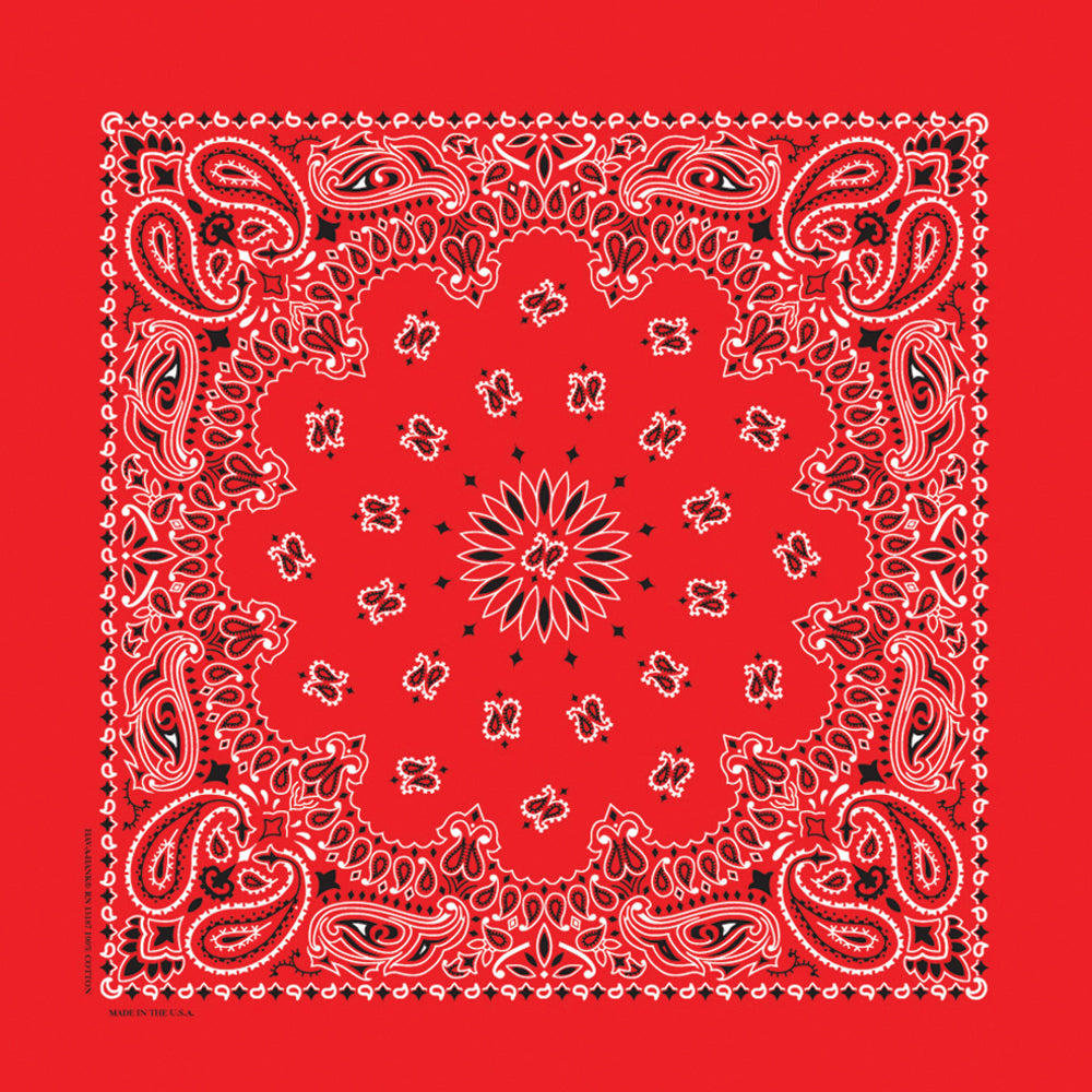Red bandana with white paisley pattern on a red background