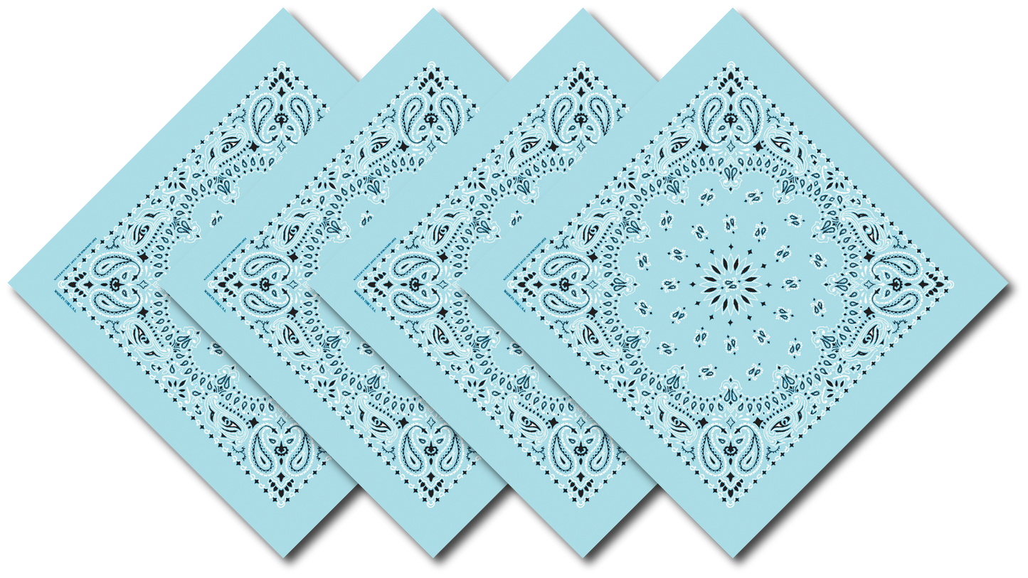 Light Blue Paisley Bandanna 4 Pack – Cotton 22x22, USA made, classic design, machine washable, breathable cotton, 22x22 size.