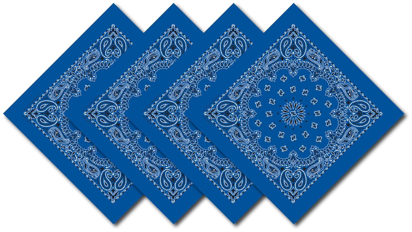 4-Pack USA Made Paisley Bandanna - ROYAL BLUE displayed in a fan arrangement showcasing intricate paisley design.