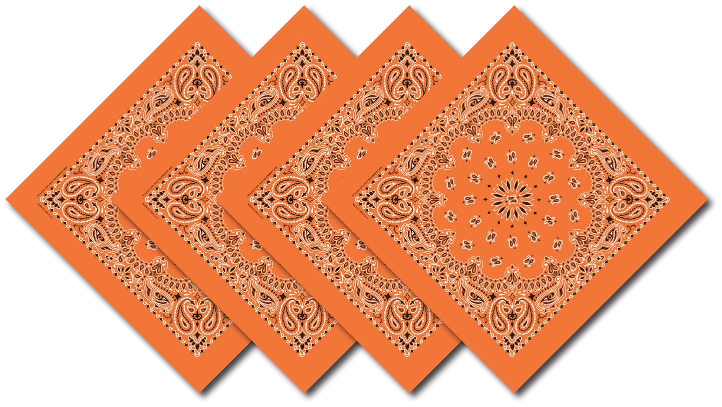 Orange Paisley Bandanna 4 Pack – Cotton 22x22, showing bold traditional USA-made design, perfect for events and outdoor style.