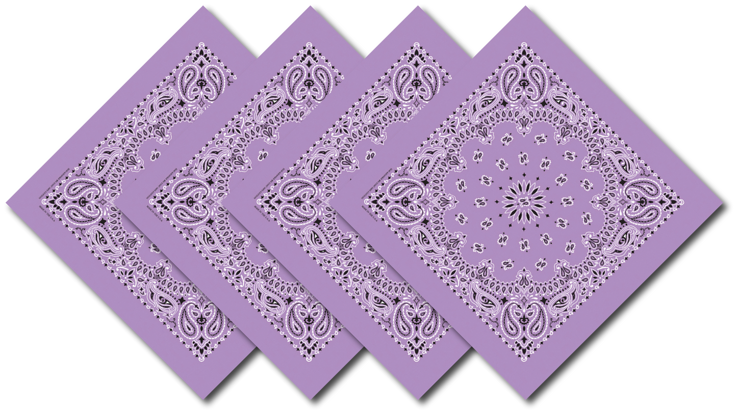 Lavender Paisley Bandanna 4 Pack – Cotton 22x22, soft cotton fabric with traditional paisley design, USA made, perfect for crafts and events.