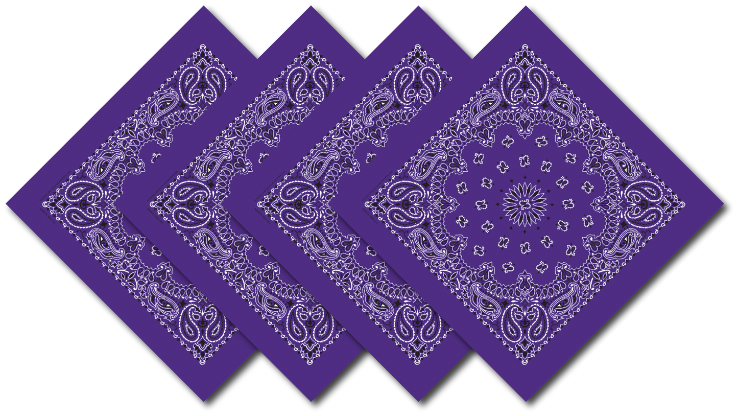 Purple Paisley Bandanna 4 Pack – Cotton 22x22, USA made, traditional paisley design, 100% cotton, 22x22 inch, great for events and personal wear.