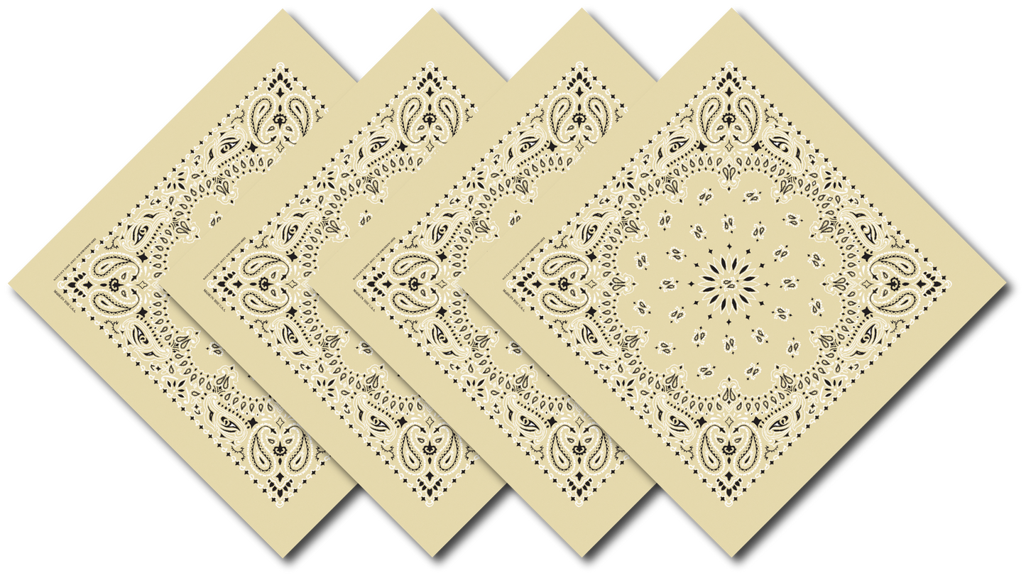Beige Paisley Bandanna 4 Pack – 100% Cotton, 22x22 displayed in folded formations