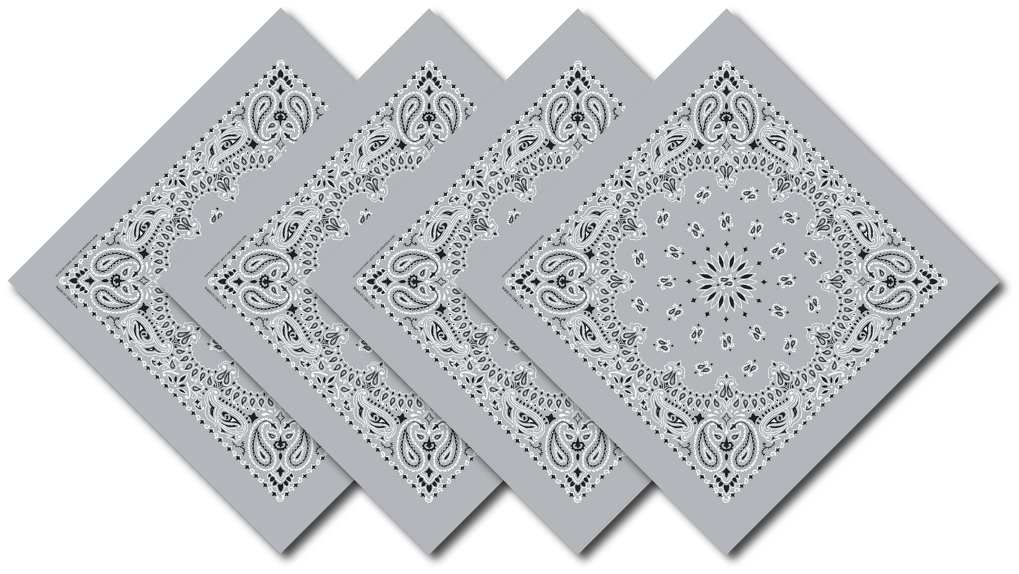 Silver Paisley Bandanna 4 Pack – Cotton 22x22, USA made, sleek grey paisley, true two-sided print, fashion accessory.