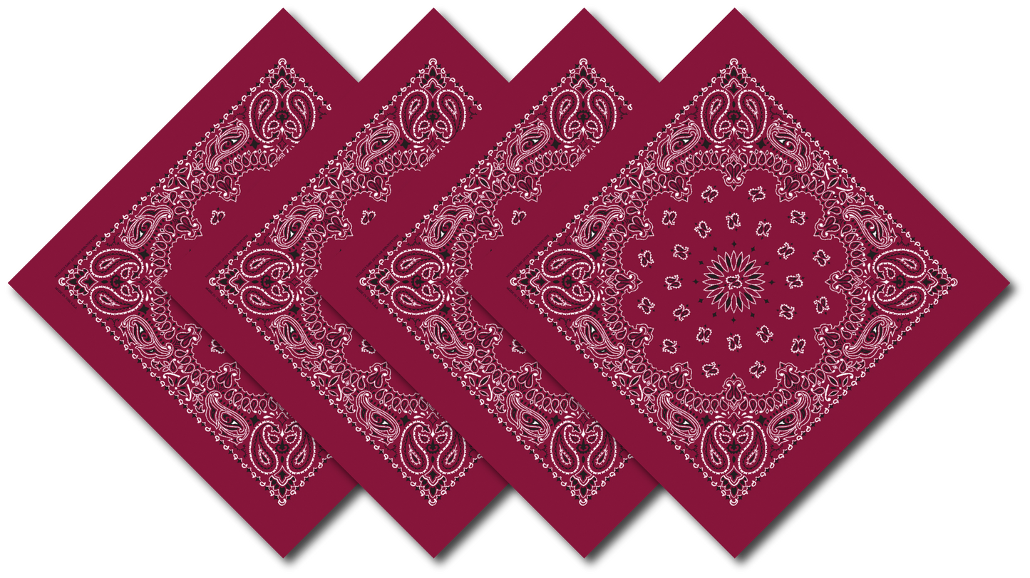 Burgundy Paisley Bandanna 4 Pack – Cotton, 22x22 with traditional USA made design, breathable and colorfast for wear or custom projects.