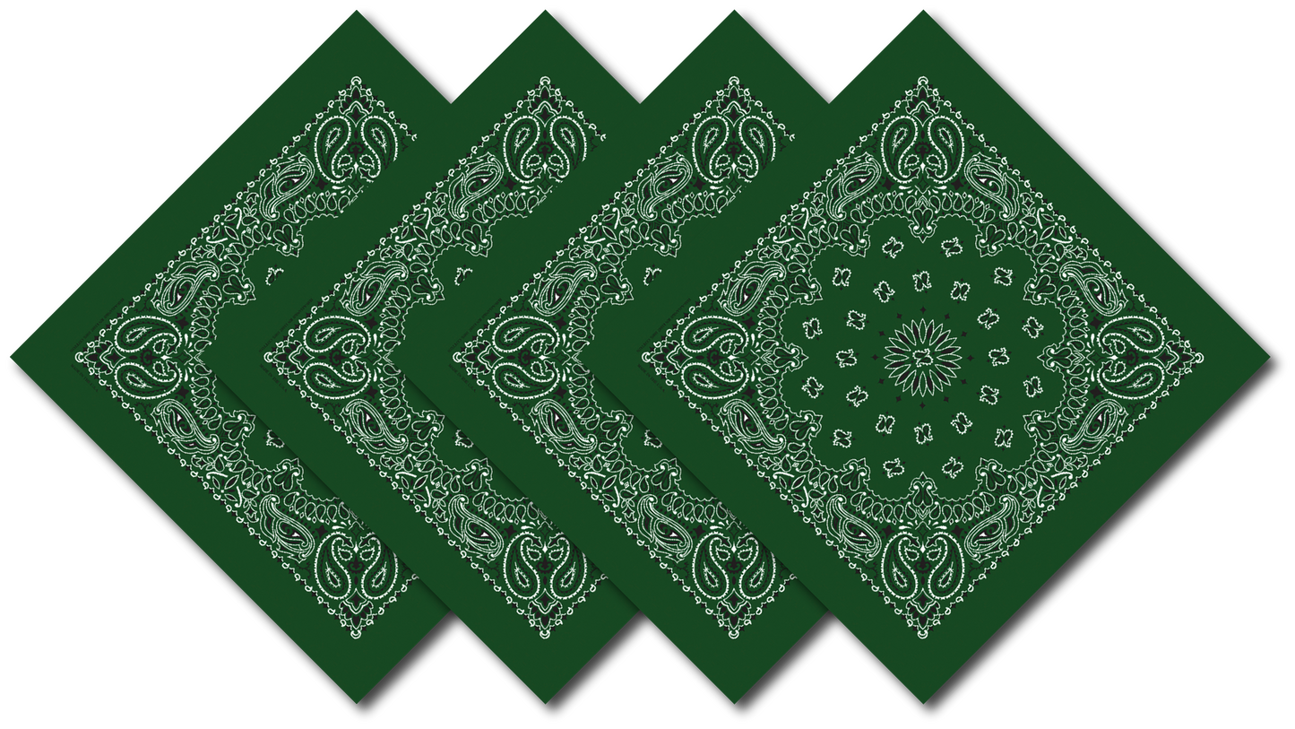 Hunter Green Bandanna 4 Pack – Cotton Paisley 22x22 with traditional USA made design, 100% cotton, durable and stylish.