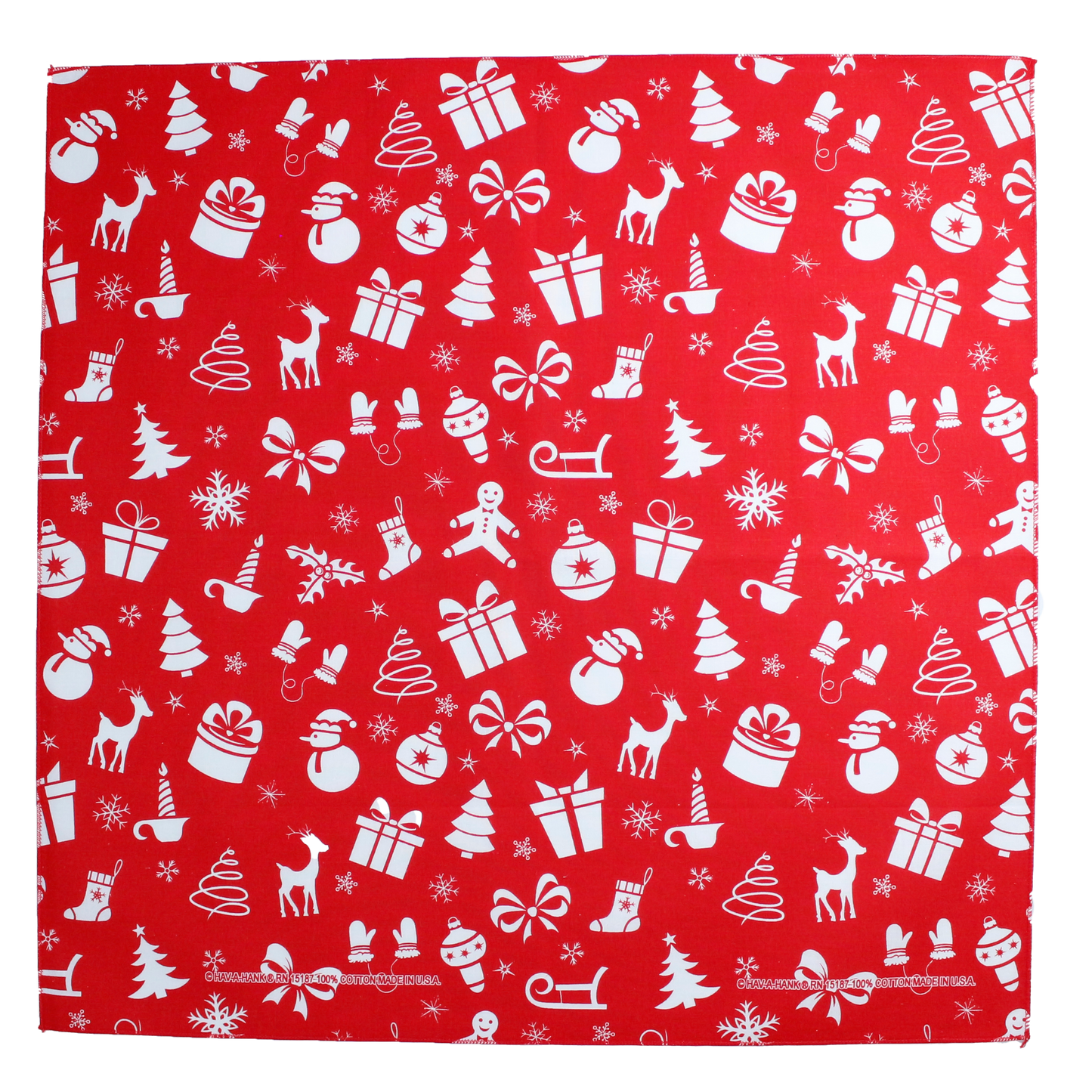 Jingle Joy Bandanna Assortment 4-Pack - Made In The USA featuring Christmas surprises design on red cotton, 22x22 inches