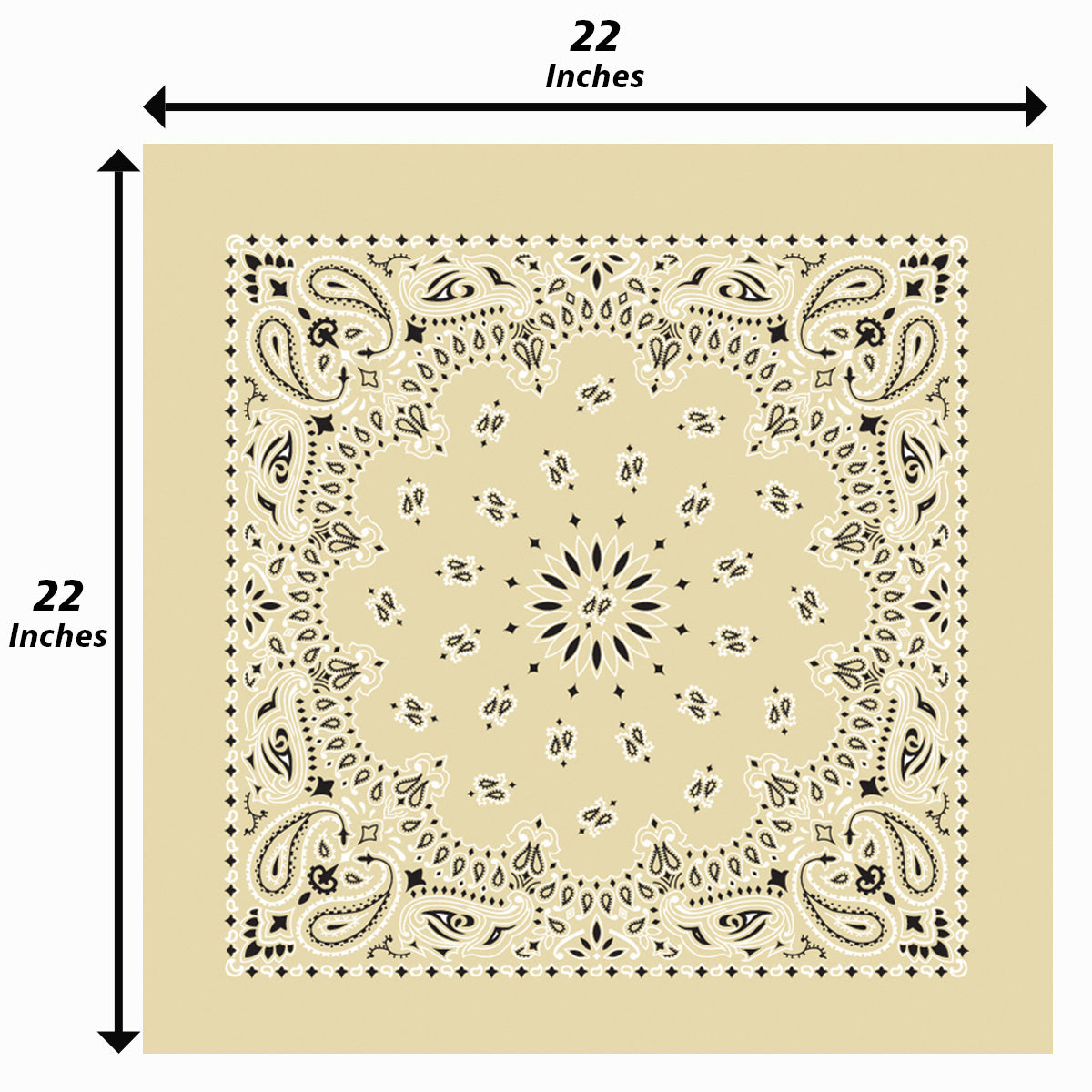 12-Pack USA Made Paisley Bandanna - BEIGE, 22x22 inches, traditional paisley design, beige color, 100% cotton