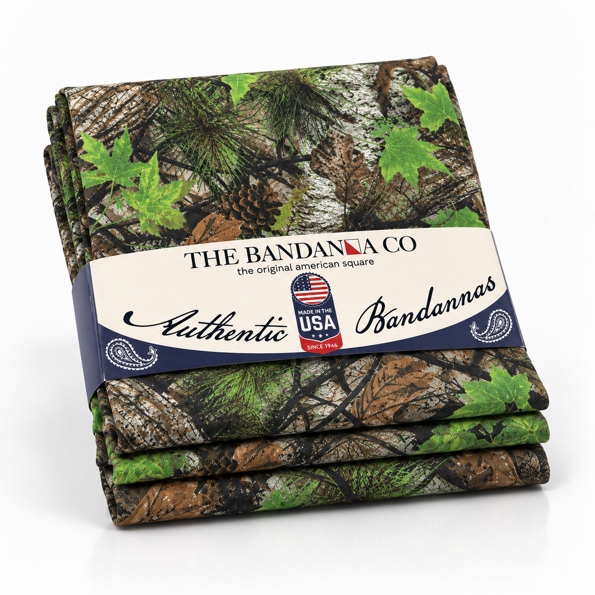 Buck County woodland camouflage bandannas folded in a 4-pack, angled view