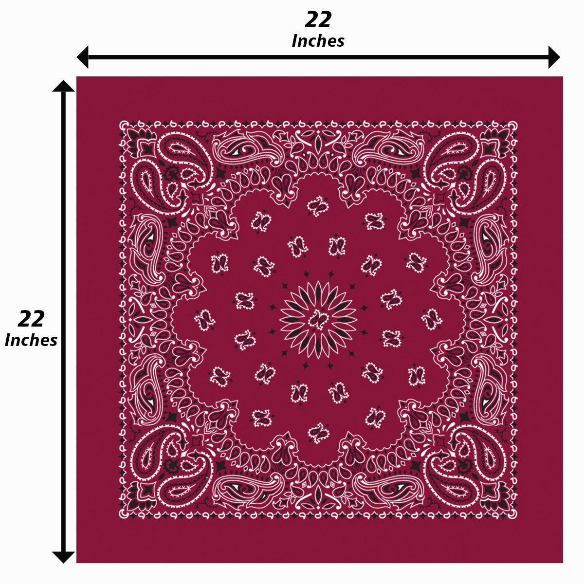 12-Pack USA Made Paisley Bandanna - BURGUNDY, traditional paisley design, 22x22 inches, burgundy color, two-sided print, made in USA