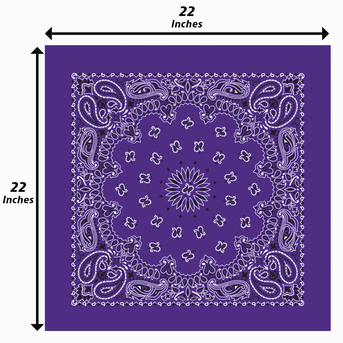 12-Pack USA Made Paisley Bandanna - PURPLE, traditional 22” x 22” two-sided design with trademark paisley pattern, made in USA.