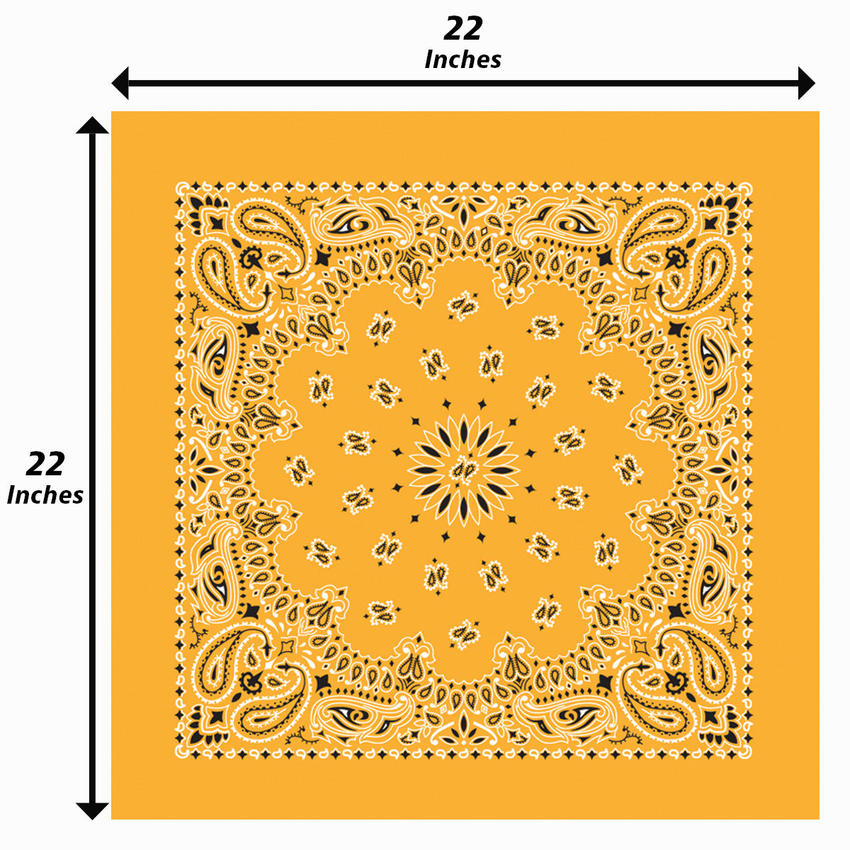 12-Pack USA Made Paisley Bandanna - GOLD, 22x22 inches, traditional paisley design, 100% cotton, two-sided print.