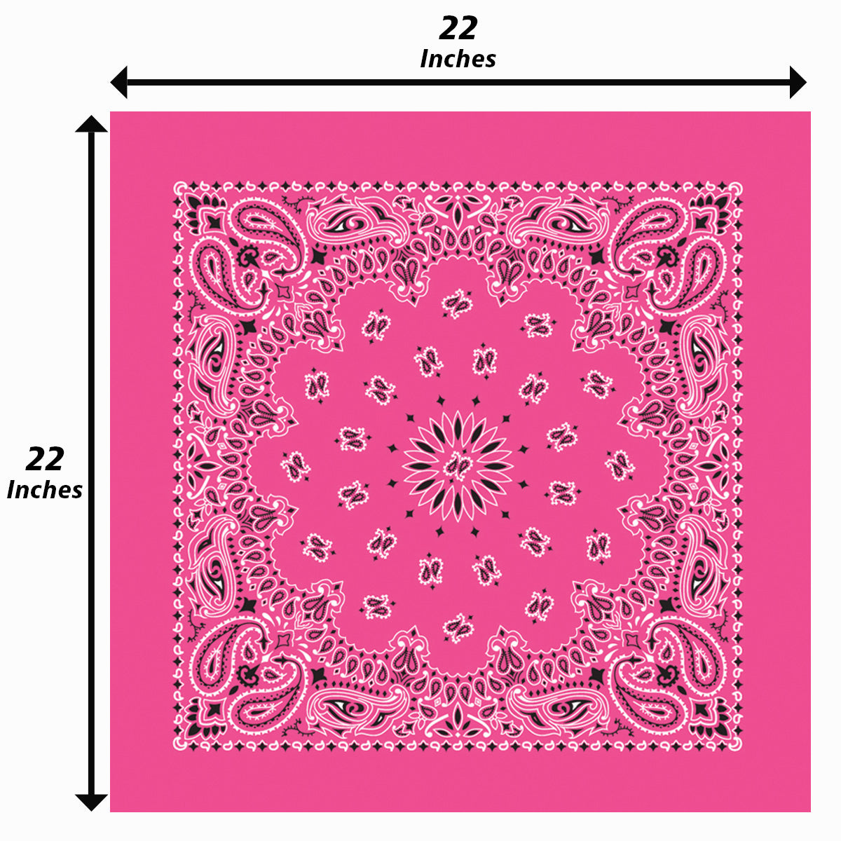 12-Pack USA Made Paisley Bandanna - HOT PINK with traditional paisley design, two-sided print, and 22 x 22 inches size.