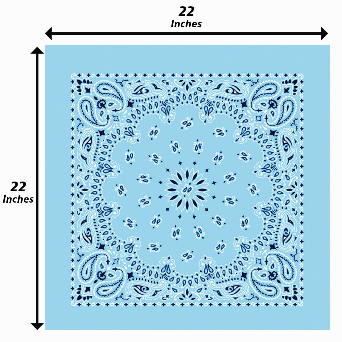 12-Pack USA Made Paisley Bandanna - LIGHT BLUE, 22x22 inches, traditional paisley design, 100% cotton, two-sided print.
