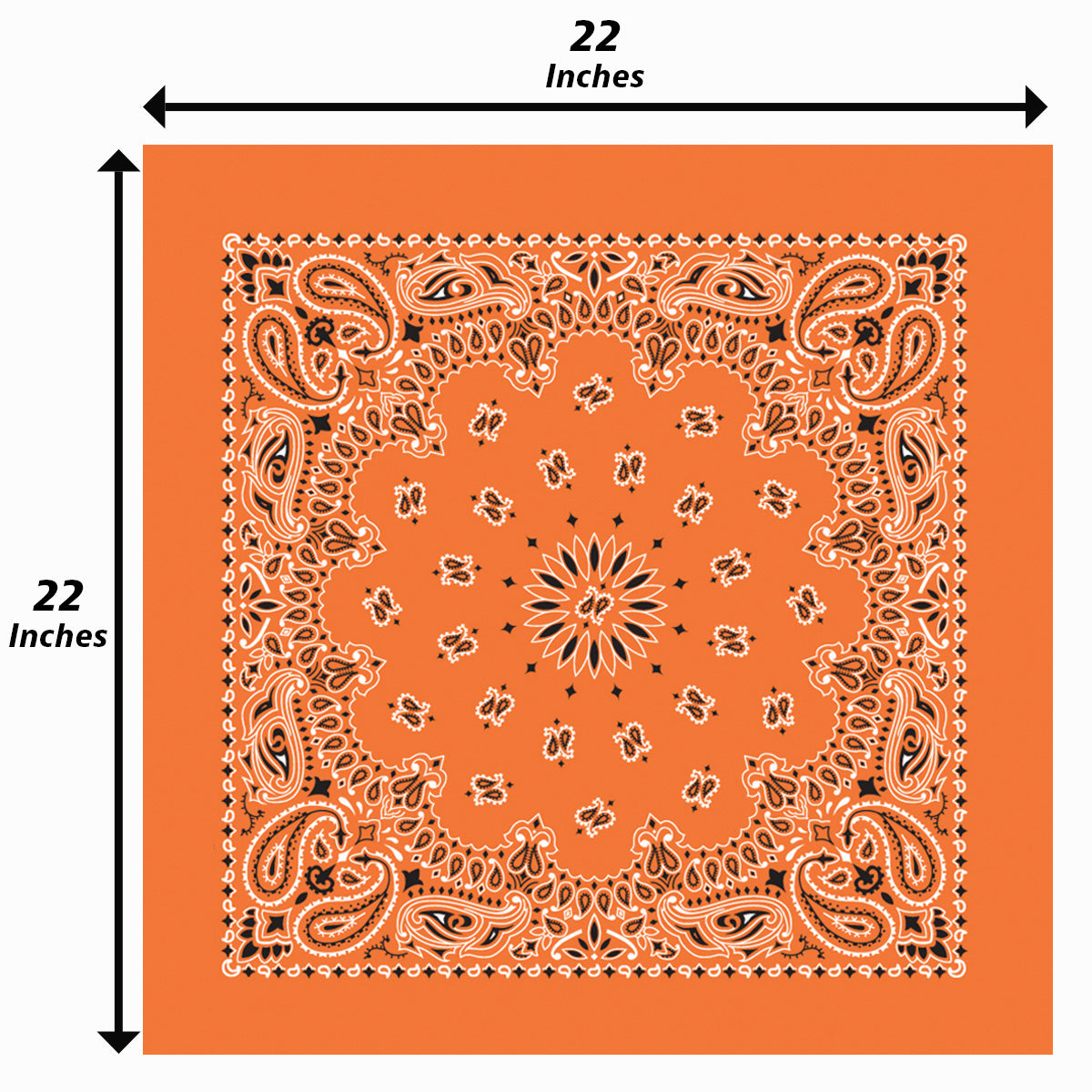 12-Pack USA Made Paisley Bandanna - ORANGE, 22 x 22 inches, traditional paisley design, two-sided print, made in USA