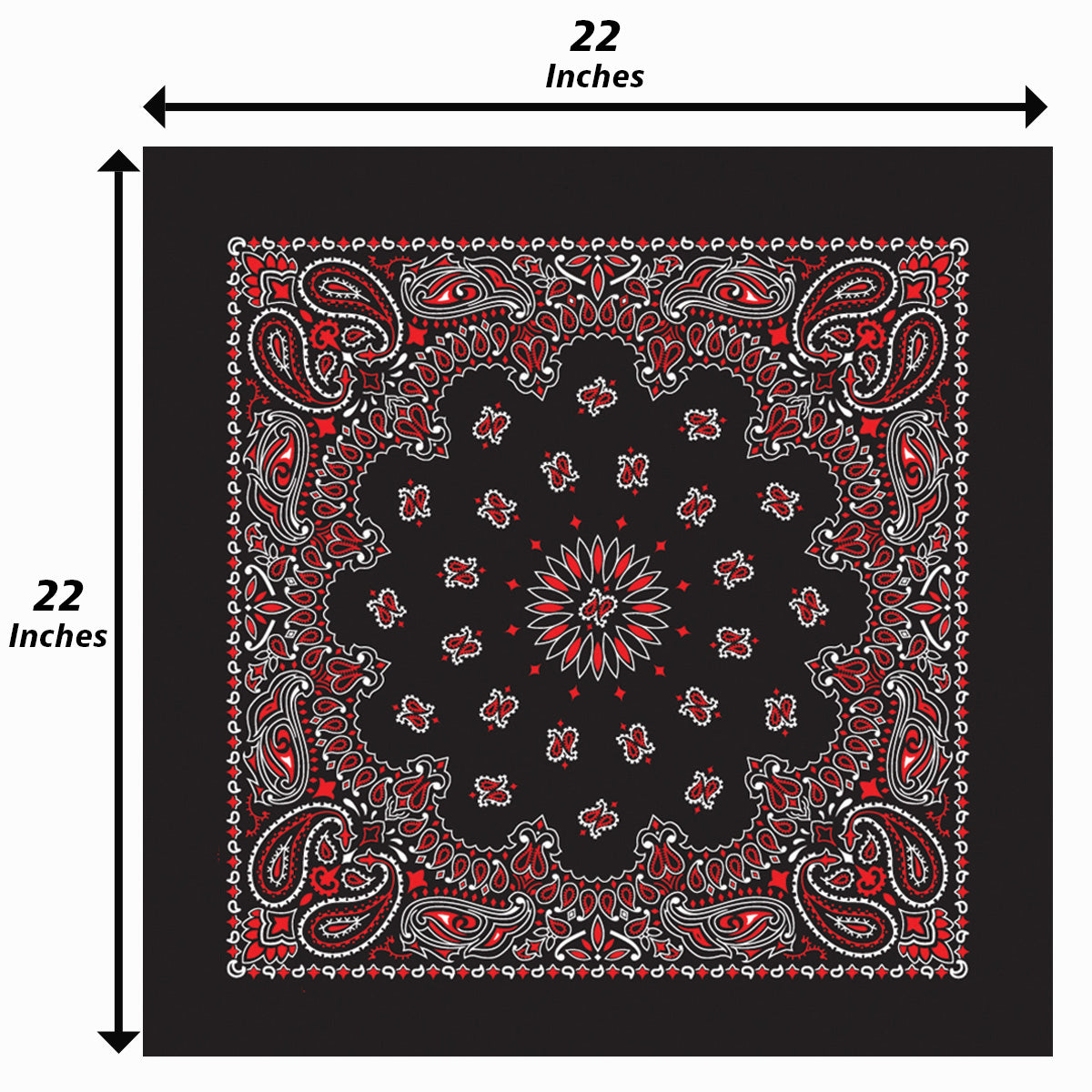 22x22 inch 12-Pack USA Made Paisley Bandanna - RED/BLACK with traditional paisley design and two-sided print