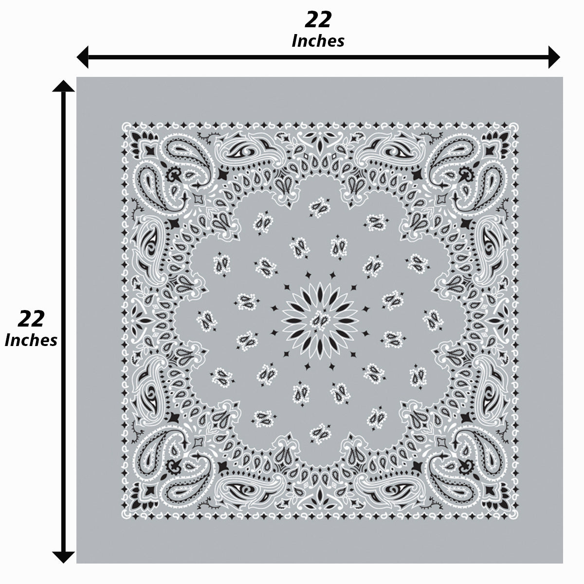 12-Pack USA Made Paisley Bandanna - SILVER, 22x22 inches, traditional design