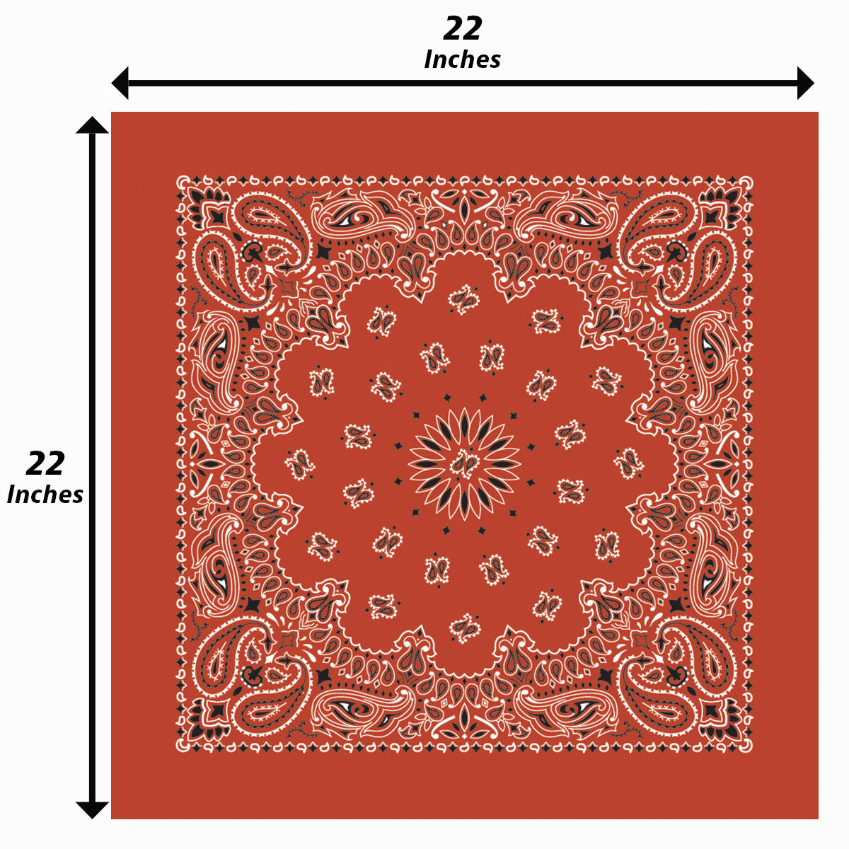 12-Pack USA Made Paisley Bandanna - TERRACOTTA, traditional design, terracotta color, 22x22 inches two-sided print, made in USA.