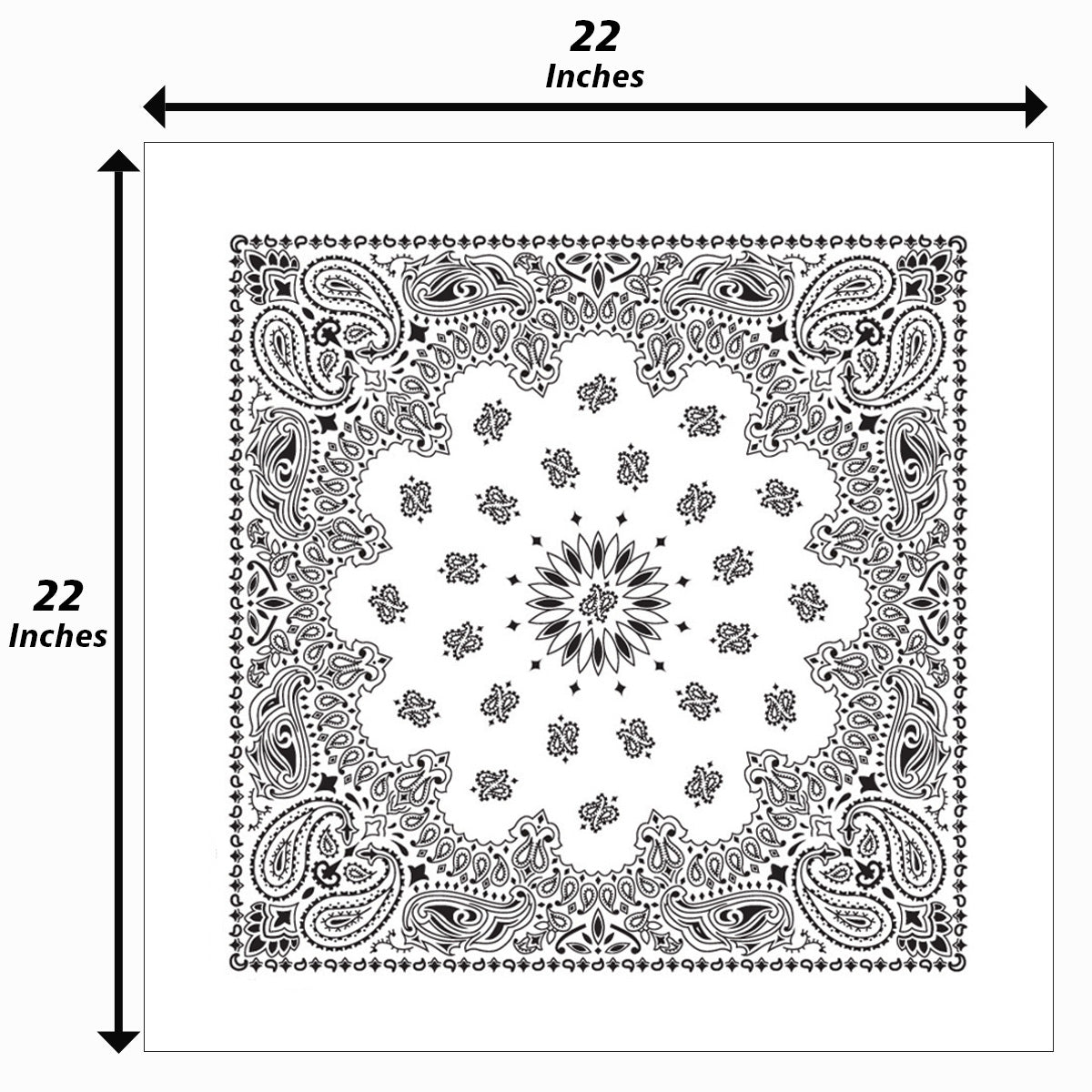 White paisley 22x22 inch bandanna, part of 12-Pack USA Made Paisley Bandanna - WHITE, featuring a traditional double-sided print.