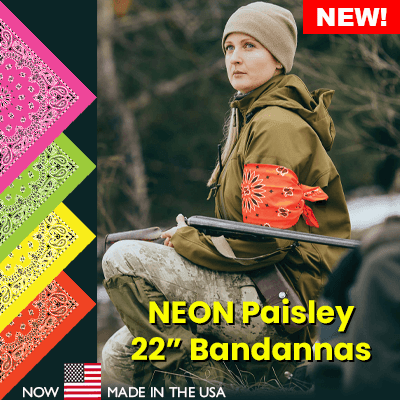4-Pack Made In The USA - Neon Paisleys! Displaying NEON Paisley 22" Bandannas for hunting and fashion.