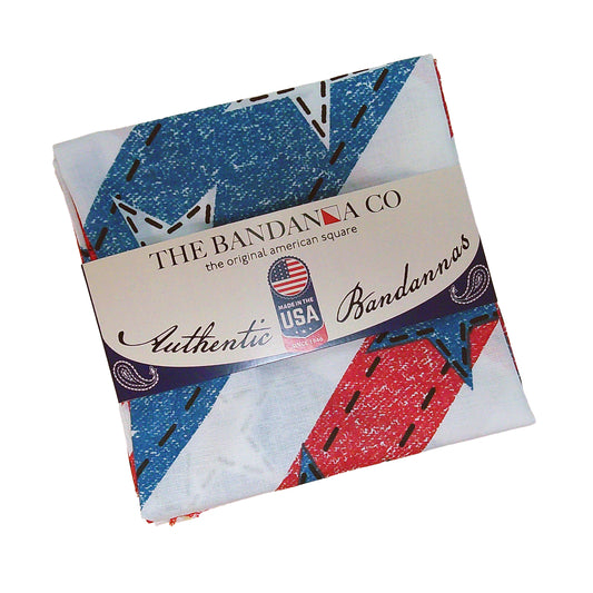 American Denim Bandanna - 4-Pack - Made In The USA, 100% cotton, authentic design with stars, red, white, and blue theme, made in USA.
