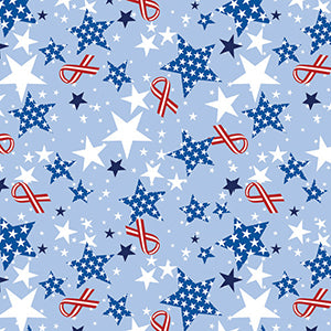 Pattern of stars and ribbons on the Ribbons and Stars Bandanna - 4-Pack - Made In The USA, blue and white theme.