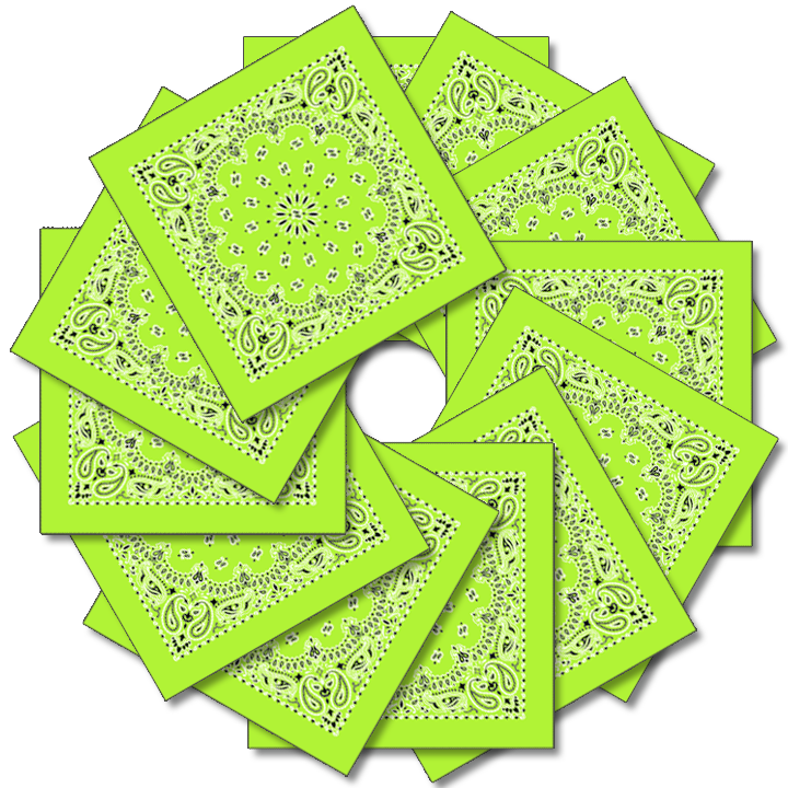 Neon 12-Pack Made In The USA - Neon Paisleys! featuring vibrant neon green paisley bandannas arranged in a circular pattern.