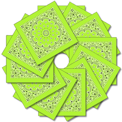 Neon 12-Pack Made In The USA - Neon Paisleys! featuring vibrant neon green paisley bandannas arranged in a circular pattern.