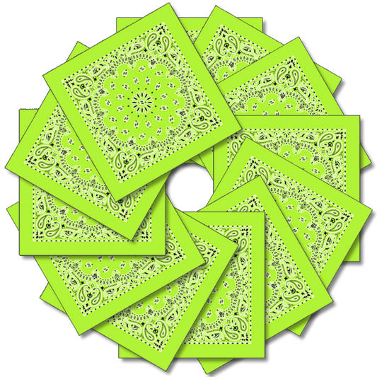 Neon 12-Pack Made In The USA - Neon Paisleys! featuring vibrant neon green paisley bandannas arranged in a circular pattern.