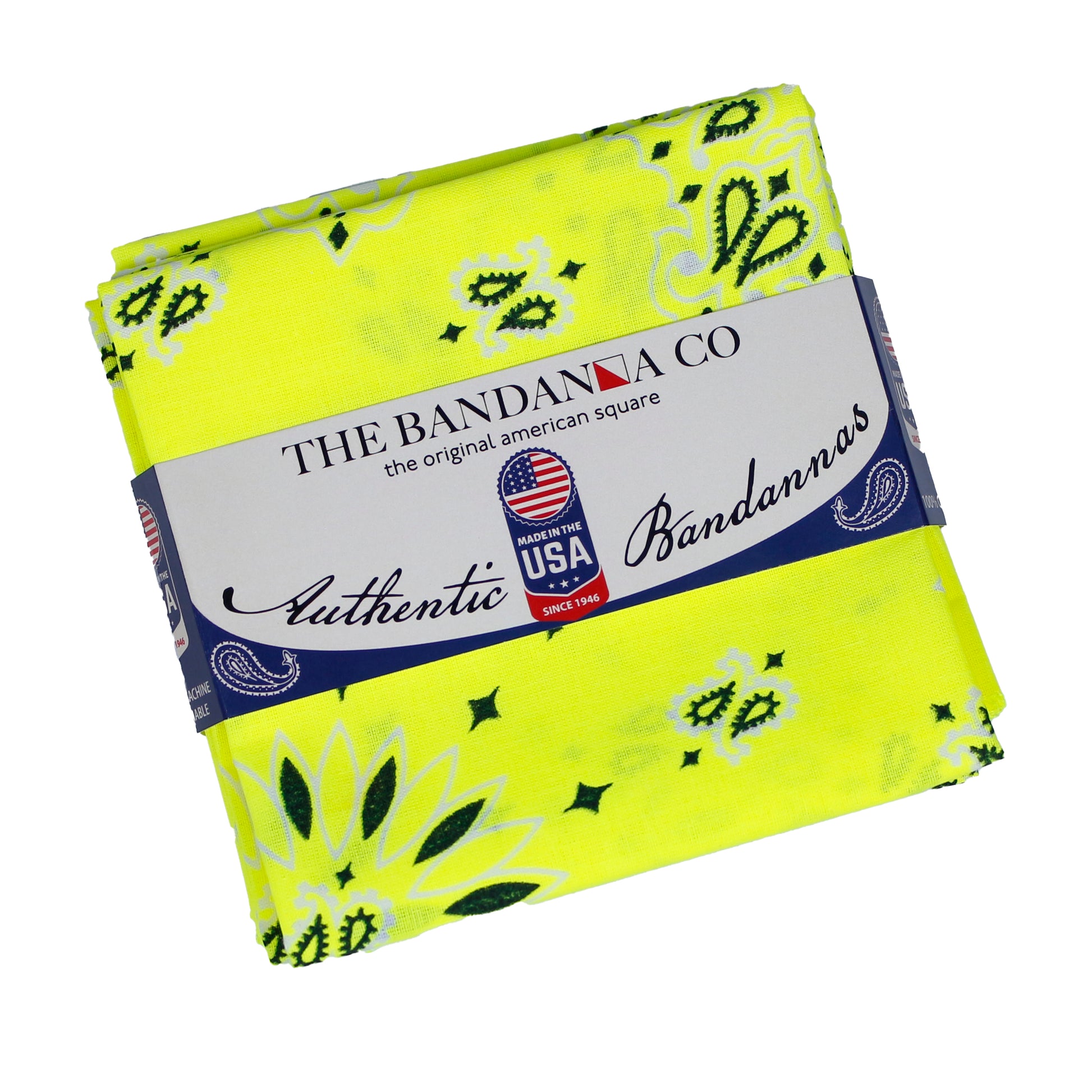 4-Pack Made In The USA - Neon Paisleys! Authentic bandanas in vibrant neon colors displayed neatly.