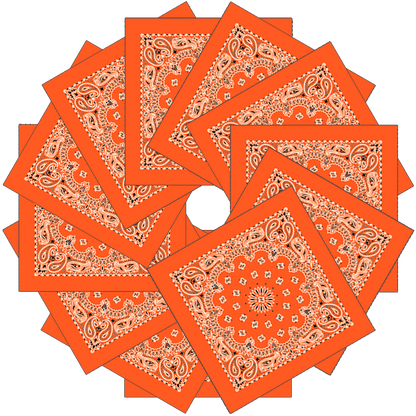 Neon 12-Pack Made In The USA - Neon Paisleys! featuring vibrant neon orange paisley bandanas arranged in a circular pattern.