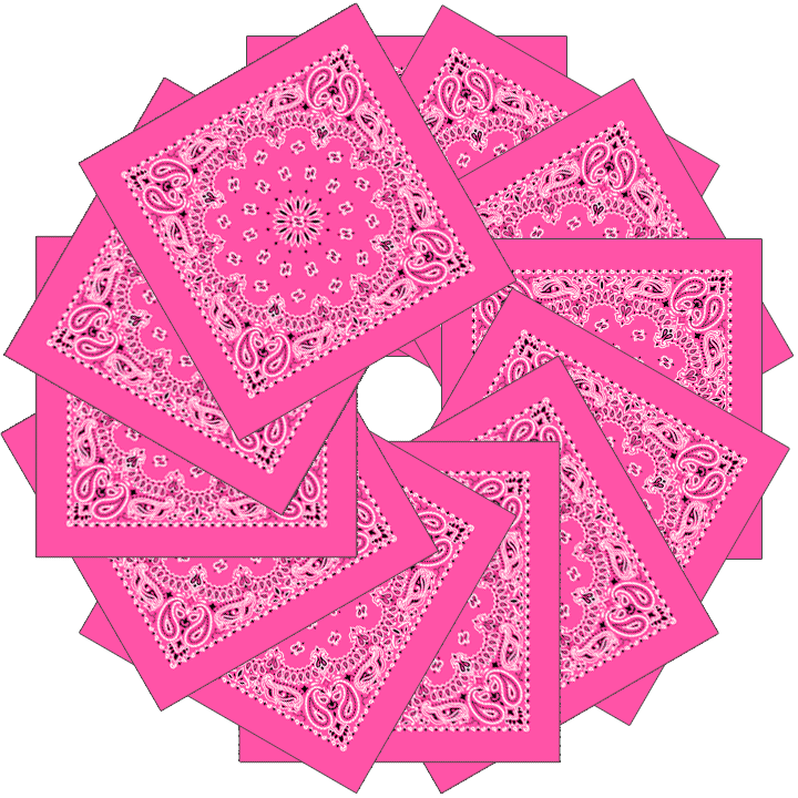 Neon 12-Pack Made In The USA - Neon Paisleys! Pink paisley bandanas arranged in a circular pattern.