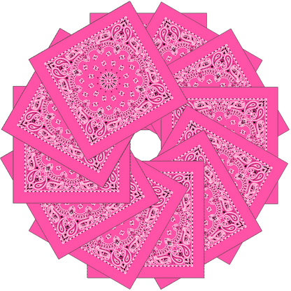 Neon 12-Pack Made In The USA - Neon Paisleys! Pink paisley bandanas arranged in a circular pattern.