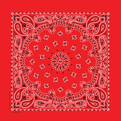 Red bandana with white paisley pattern on a red background