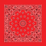 Red bandana with white paisley pattern on a red background