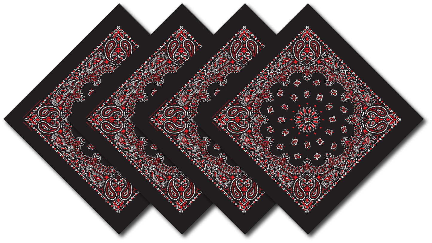 4-Pack USA Made Paisley Bandanna - BLACK/RED