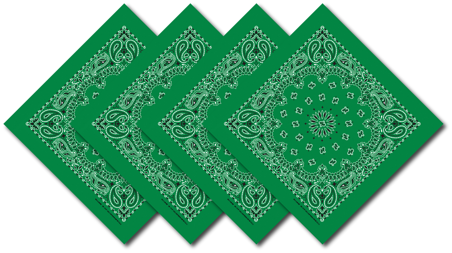 Kelly Green Paisley Bandanna 4 Pack – Cotton 22x22