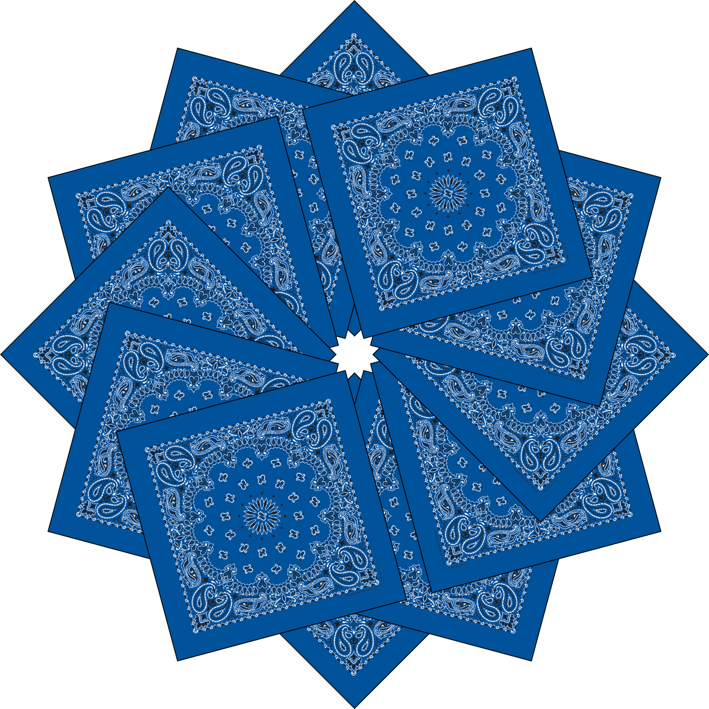 12-Pack USA Made Paisley Bandanna - ROYAL BLUE with traditional paisley design, 100% cotton, 22 x 22 inches, true two-sided print.