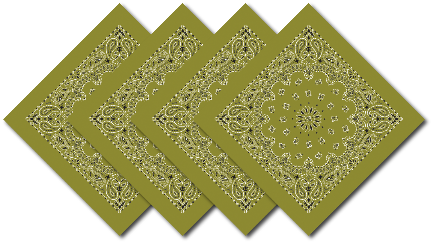 Olive Green Paisley Bandanna 4 Pack – Cotton 22x22