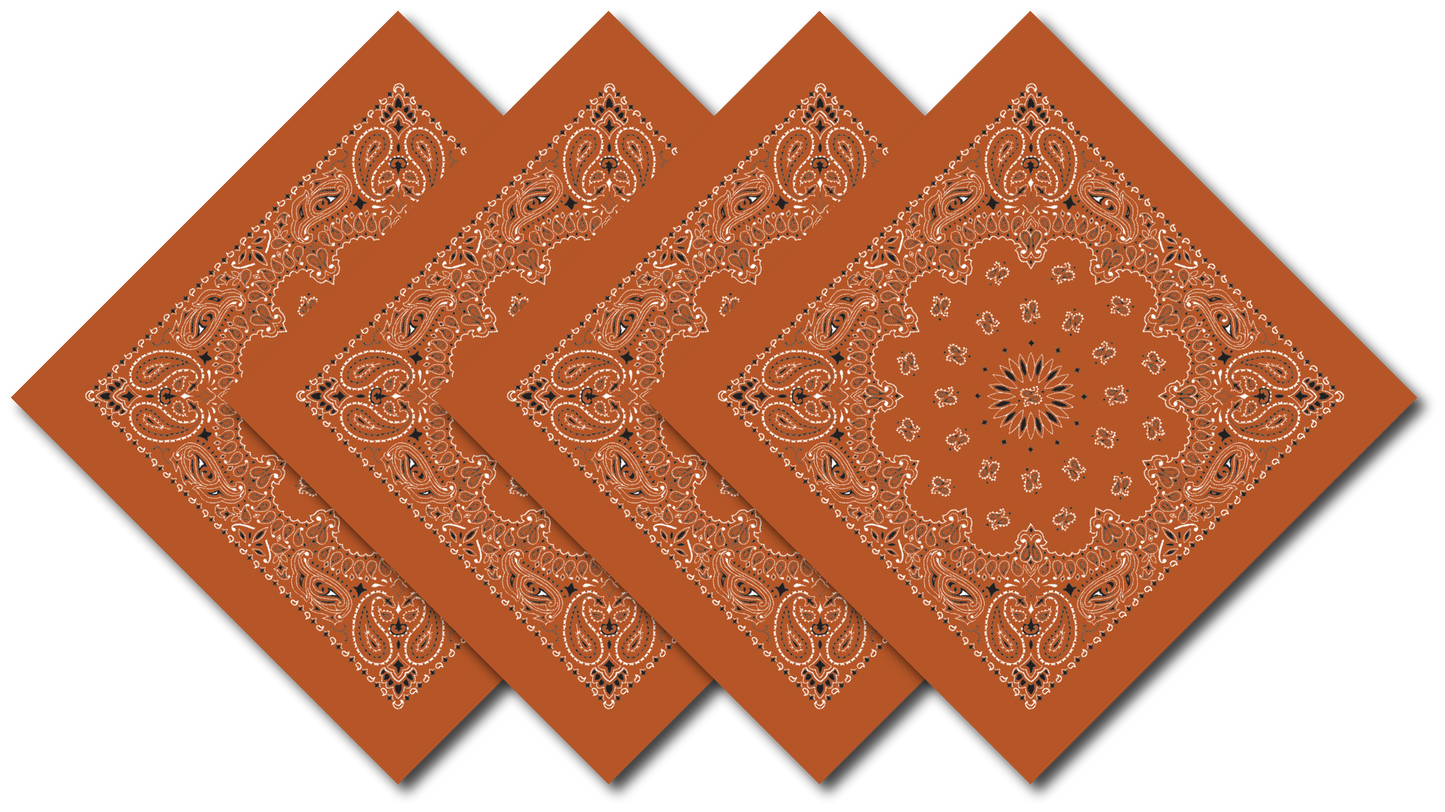 Burnt Orange Paisley Bandanna 4 Pack – Cotton 22x22