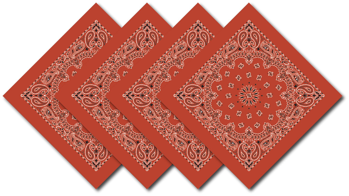 Terracotta Bandanna 4 Pack – Cotton Paisley 22x22