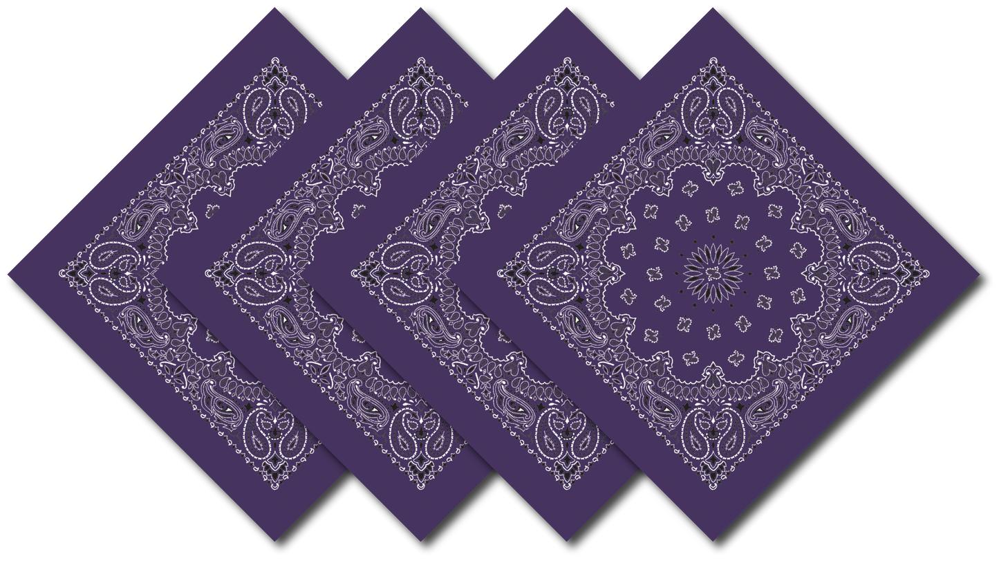 4-Pack USA Made Paisley Bandanna - PLUM in traditional paisley print, showcasing vibrant purple color.