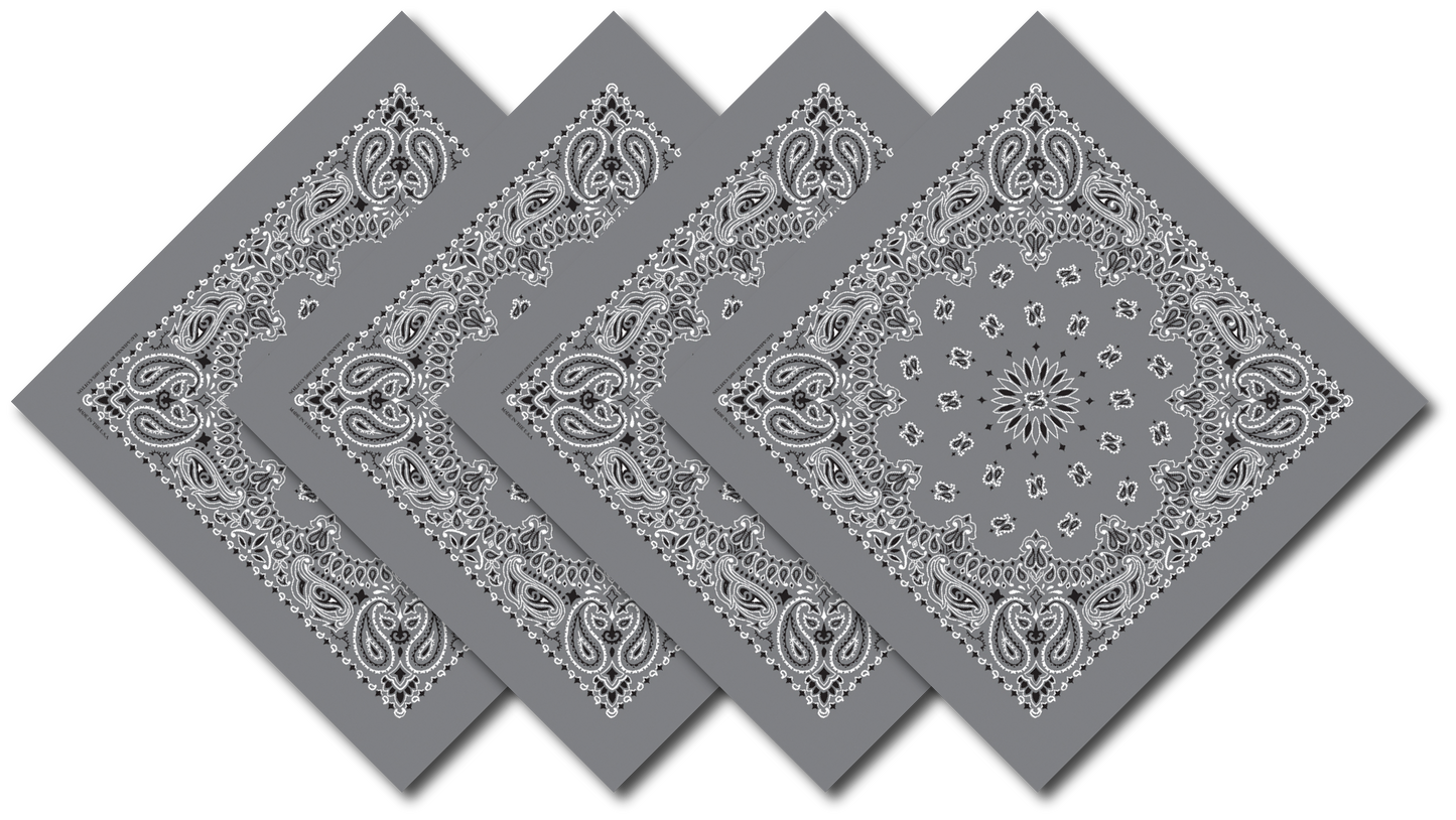 Charcoal Paisley Bandanna 4 Pack – Cotton 22x22