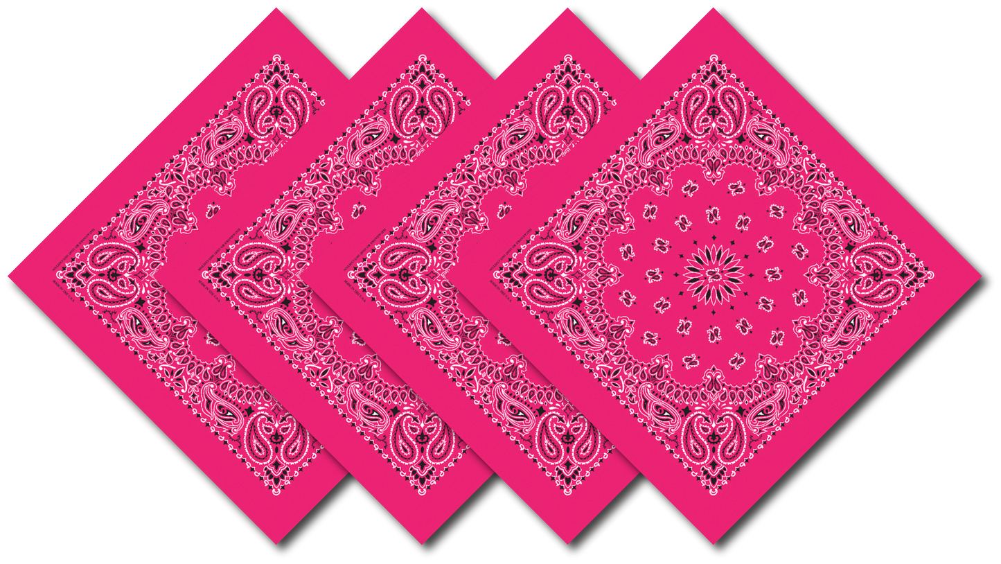 4-Pack USA Made Paisley Bandanna - HOT PINK featuring vibrant paisley design in 100% cotton, made in the USA.