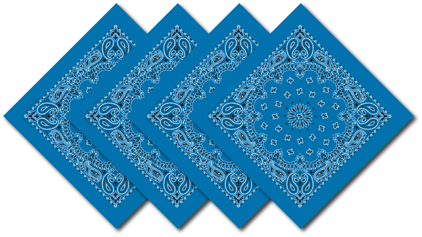 4-Pack USA Made Paisley Bandanna - MIRAGE BLUE featuring traditional paisley design in vibrant blue.