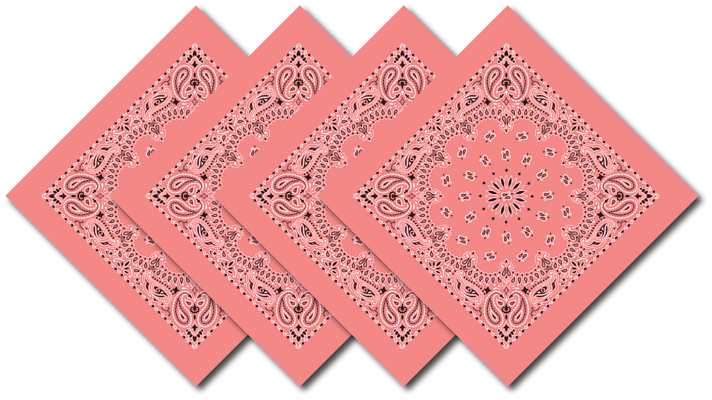 4-Pack USA Made Paisley Bandanna - STRAWBERRY in a vibrant pink color with intricate paisley designs.