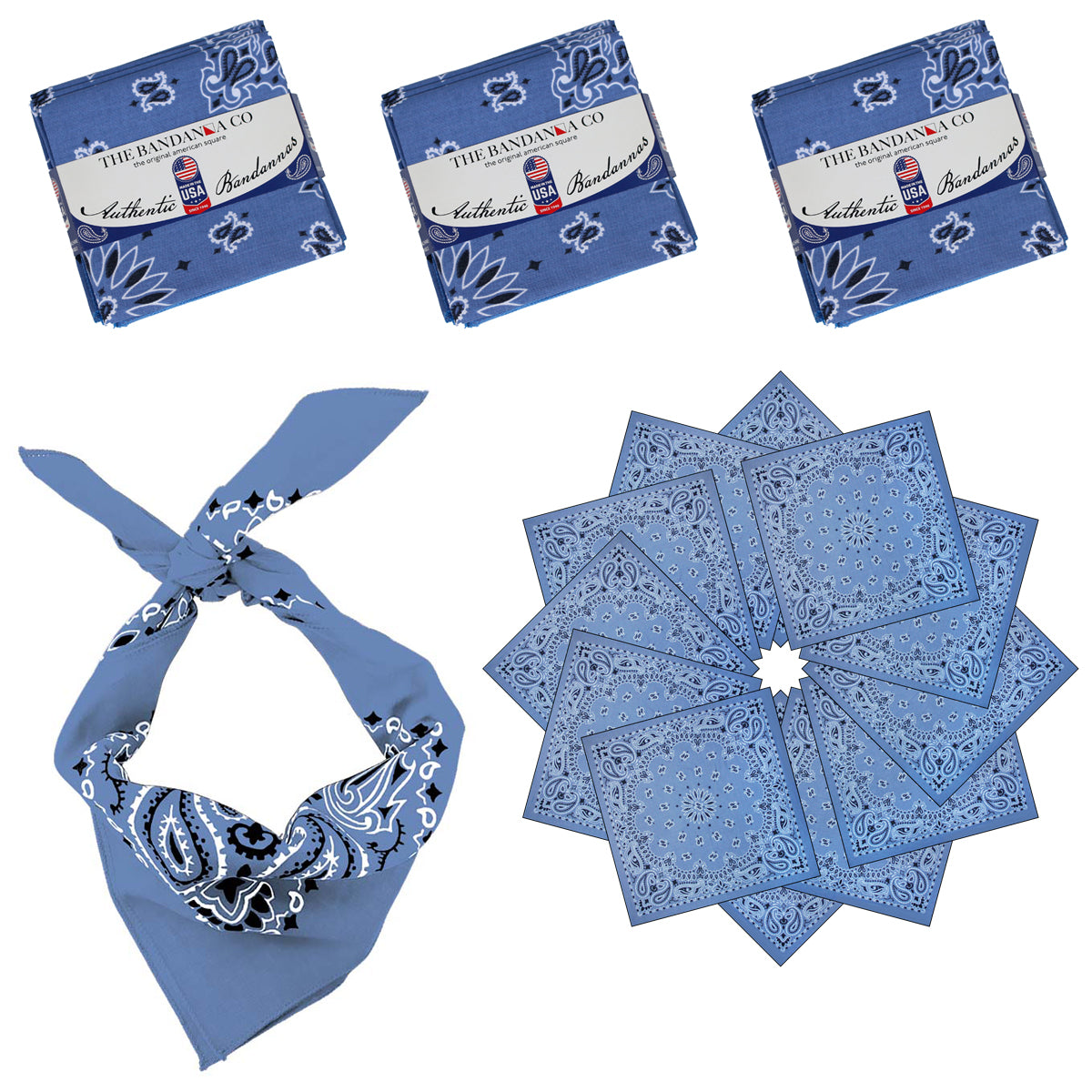 12-Pack USA Made Paisley Bandanna - CHAMBRAY BLUE displayed with bandannas and packaging.
